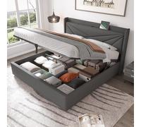 Cama tapizada Zerbaco de 180x200 cm, cama doble con cajón de almacenamiento y puerto USB tipo-C en la cabecera, tapizada en lino, color gris, con somier, sin colchón