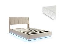 Cama tapizado led tröstiar con somier abatible + colchón 140x200cm beige [en.casa]