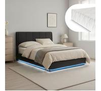 Cama Tapizado Led Tröstiar Con Somier Abatible + Colchón Lino 140x200cm Negro [en.casa]