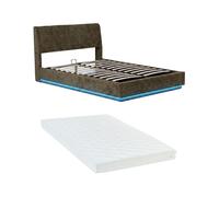 Cama tapizado led tröstiar con somier abatible + colchón lino 140x200cm verde [en.casa]