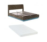Cama tapizado led tröstiar con somier abatible + colchón lino 160x200cm verde [en.casa]