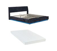 Cama tapizado led tröstiar con somier abatible + colchón lino 180x200cm azul [en.casa]