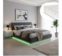 Cama Tapizado Led Tröstiar Con Somier Abatible + Colchón Lino 180x200cm Negro [en.casa]