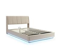 Cama tapizado led tröstiar con somier abatible lino 160x200cm - beige [en.casa]