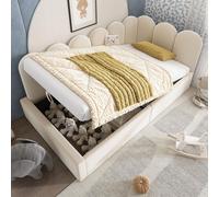 Cama tipo diván Polsterbett de 90x190 cm, sofá cama para el día con espacio de almacenamiento hidráulico, cama infantil con somier de metal, tapizada en terciopelo, color beige, sin colchón