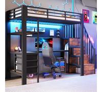 Cama tipo litera de 90x200 con estructura metálica, iluminación LED, escritorio, toma de corriente, estante de almacenamiento, cajón y panel perforado, color , sin colchón