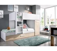 Kit Muebles Cama tren Tom - 3 camas con armario y cama arrastre - Blanco/Natural 150x244x112 cm