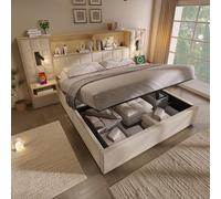 Cama tronco de 160 x 200 cm con somier de láminas y almacenamiento, cabecero beige de lino con puertos USB-C, iluminación LED y lámparas de lectura, marco de cama doble, cama para 2 personas con