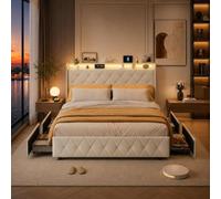 Camas Matrimoniales 140x200 con Almacenaje, Estructura Cama con Iluminación LED y Estación de Carga, Cama Juvenil con 4 Cajones, Cama Casal con Cabecero Tapizado, Terciopelo Beige