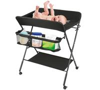 Cambiador plegable, mesa cambiador portátil, cambiador con cesta de almacenamiento, ahorro de espacio, plegable, 3 alturas ajustables, 80 x 66 x 92 - 95 - 98 cm (negro)