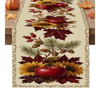 Camino de mesa de girasol, rústico, tradicional, frutas, ramas de pino, otoño, tela roja, lavable, para cocina, comedor, decoración de fiestas, 33 x 274 cm