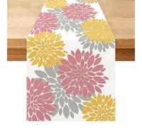 Camino de Mesa Flores Dahlia Moderno Rosa Gris Amarillo Decoración Oscuro Lnvierno Otoño Verano Estacional Camino para Salón Comedor Cocina Terraza Boda Festival Fiesta Jardín 40 x 140 cm