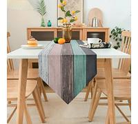 Camino de Mesa Verde Azulado Lino Moderno Madera Textura Raya Casa de Campo Elegante Retro Camino de Mesa para Fiestas, Hogar, Cafeterías, Restaurantes y Hoteles, Lavable máquina 33x183cm