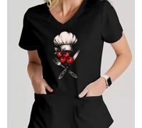 Camiseta con cuello en V, Gorro de chef, cuello en V y estampado de tomate, Bolsillo con parche, Uniforme, Ropa de mujer