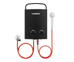 Camplux AY132B Calentador de Agua de Gas sin Tanque con Asa Plegable Portátil, 5L/min, para el Viaje, RV, Campamento, Caballos, Negro