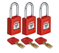 Candado Safekey de Nailon/Acero, 38mm x 84mm x 19mm, Rojo, Paquete de 3
