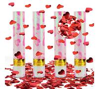 Cañón Confeti Boda Corazones, Hillylolly 4 X Cañones de Confeti para Bodas, Confeti Cañon Cumpleaños 28 CM, Altura del Efecto 6-8m, para Propuestas de Matrimonio, Compromiso, Aniversarios (Rojo)