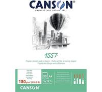 Canson 1557, Papel de dibujo blanco, Grando ligero, 180g, Encolados por el lado corto, A4-21x29,7cm, Extra Blanco, 30 Hojas