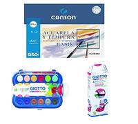 Canson 406347 - Papel para Acuarela, 6 hojas, Blanco, A4 + Giotto Acuarelas Mini 23 Mm. + Giotto - Témpera de optima calidad