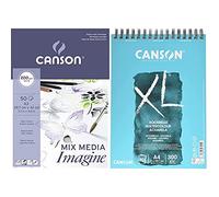 Canson Bloc Encolado, A3, 50 Hojas, Imagine, Grano Fino 200g + XL Aquarelle, Álbum Espiral Microperforado, A4, 30 Hojas, Grano Fino 300g