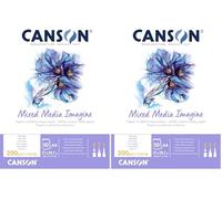 Canson Imagine, Papel Mixed Media, Grando ligero, 200g, Encolados por el lado corto, A4-21x29,7cm, Blanco natural, 50 Hojas (Paquete de 2)