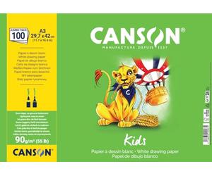 Canson Kids, Papel de Dibujo Blanco, Grano Ligero, 90gsm, Hoja, A3-29,7x42cm, Blanco, 100 hojas