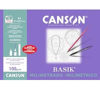 Canson Milimetrado Basik, Papel milimetrado, Suave, 100gsm, Minipack, A4-21x29,7cm, Papel blanco con estampado buff, 12 Hojas