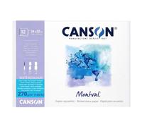Canson Montval, Papel de acuarela, Grano blanco, 270g, Encolados por el lado corto, 24x32cm, Blanco, 12 Hojas