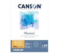 Canson Montval, Papel de Acuarela, Grano Fino, 300g, Bloc encolado por el Lado Corto, A3-29,7x42cm, Blanco, 30 Hojas