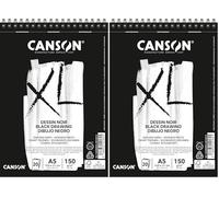 Canson XL, Papel de dibujo negro, Doble cara: Granulada y lisa, 150g, Espiralados sobre el lado corto, A5-14,8x21cm, Negro, 20 Hojas (Paquete de 2)