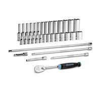 Capri Tools Drive Master - Juego de llaves de vaso cromadas de 6 puntos, 4 a 15 mm, con extensión y trinquete de agarre suave de 90 dientes, 34 piezas, métrico