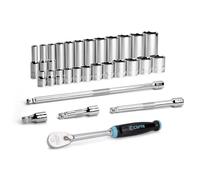 Capri Tools Drive Master - Juego de llaves de vaso cromadas de 6 puntos, 5/16 a 1 pulgada, con extensión y trinquete de agarre suave de 90 dientes, 29 piezas, SAE