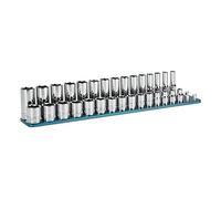 Capri Tools Juego de enchufes cromados Drive Master de 3/8 pulgadas, 6 puntos, 8 a 22 mm, poco profundo y poco profundo con riel de aluminio Billet
