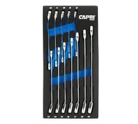 Capri Tools Juego de llaves de trinquete reversibles ultra suaves de 120 dientes, serie larga XL, 12 puntos, 8 a 19 mm, métricas, 12 piezas con bandeja Merchanic