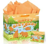 Capybara - Bolsa de regalo de cumpleaños, bonita bolsa de papel de regalo de Capybara con tarjeta de felicitación de papel de seda, bolsa de recuerdos de fiesta amarilla para niños y niñas, cumpleaños