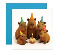 Capybara Tarjeta de cumpleaños - Bonito diseño de fieltro con sombreros de fiesta y pastel - Adorable tarjeta de felicitación para ella, él, sobrina, sobrino, amigos, familia, niños - Sopla la vela