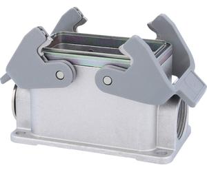Carcasa baja para conector HARTING Han 10B, con una salida lateral de cable de 1xM25, y equipada con 2 soportes transversales y un sistema de sujeción para protección contra interferencias electromagn