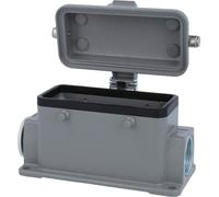 Carcasa baja para conector HARTING Han 16B, con 1 salida lateral para cable M25, para 2 abrazaderas (en la parte superior) y con tapa protectora de metal