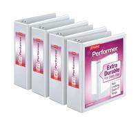Cardinal Performer - Carpetas de 3 anillas, anillos inclinados en D sin bloqueo, capacidad de 725 hojas, presentación ClearVue, antiadherente, sin PVC, blanco, paquete de 4 (27600)