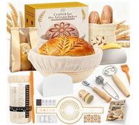 Carehabi Set de cesta de fermentación XXL y juego de iniciación de masa madre - 2 cestas de fermentación (redondas 23 cm y ovaladas de 25 cm), cristal de fermentación con termómetro, raspador de masa
