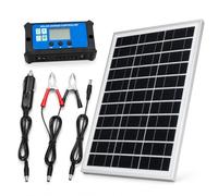 Cargador Solar 30W 12V para Baterías, Panel Solar con Controlador LCD 40A y 2 Puertos USB, Kit de Mantenimiento para Coche, Caravana, Barco, Moto y Camping, con Pinzas y Adaptador de Mechero