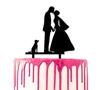 CARISPIBET cake toppers groom surprises bride with flower bouquet acrylic silhouette cake decoration tool (Groom and bride kissing with one dog)