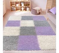 CARPETIA Moderna Alfombra Peluda de Pelo Alto con diseño de Cuadros Crema Gris Lila, 140x200cm