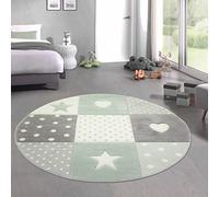 CARPETIA Moqueta de Juego para Niños Alfombrilla Infantil Corazones Estrellas y Puntos Verde Gris Crema - de fácil Cuidado Größe 120 cm Rund