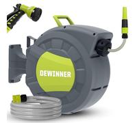 Carrete de Manguera de Jardín, DEWINNER Carrete Automático de Montaje en Pared con Boquilla de Pulverización, Soporte de Rebobinado Automático, Servicio Pesado, Manguera de 20+2M Riego Al Aire Libre