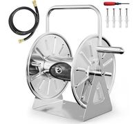 Carrete para manguera de jardín de acero inoxidable, con soporte de pared/base metálica resistente. Capacidad para mangueras de 1,6 cm (5/8 pulgadas) y 30,5 metros de longitud. Incluye un tubo de cone
