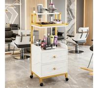Carrito Auxiliar Para Salones De Belleza Con 2 Cajones, Estación Móvil Para Estilistas Con Soporte Para Secador Y Ruedas, Estructura Metálica Y Diseño Con Barandilla Elevada