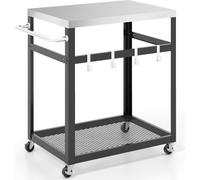 Carrito de acero inoxidable de dos niveles para barbacoa, con ruedas, asa y ganchos. Mesa de trabajo exterior con carrito