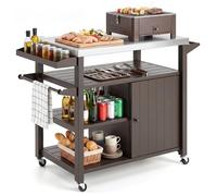 Carrito de barbacoa de metal, mesa de barbacoa con ruedas, carro de servicio con encimera de acero inoxidable, 3 estantes, armario, estante para especias y asa, mesa auxiliar marrón