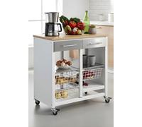 Carrito de cocina BERGEN con cajones, cestas y botellero - estructura metálica blanca, encimera efecto madera Olmo - diseño y fabricación española - Don Hierro